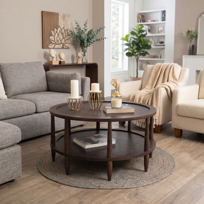 Essence Walnut Haze Solid Wood 2 - Tier Round Coffee Table with Storage Shelf