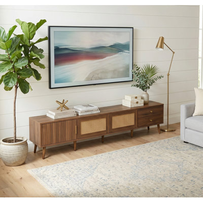 Meuble télé pour téléviseur 85 po, meuble télé Mid-Century 76 po avec porte tambour et armoire de rangement