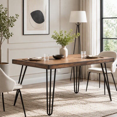 Industrial Dining Table with Hairpin Metal Legs and Rustic Top