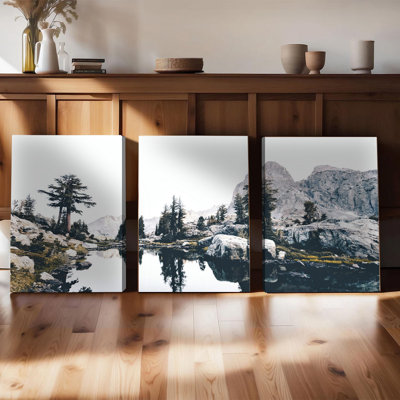 Ensemble de 3 affiches encadrées, toiles murales « Reflets de lac et de montagne », impressions de paysages naturels avec pins et sommets rocheux, décoration moderne pour salon, chambre, bureau, œuvre d'art photographique de nature sauvage.