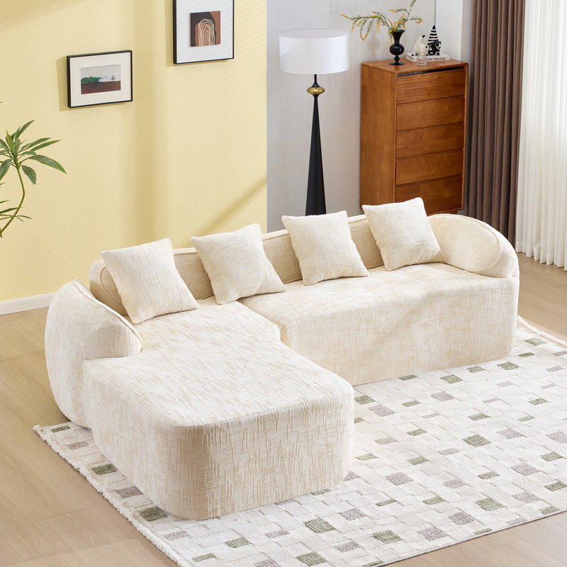 Canapé modulaire en L Chenille avec quatre coussins, Chenille beige