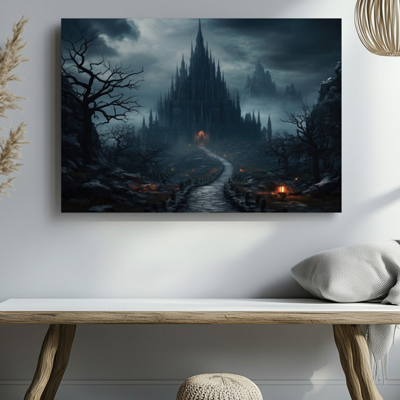 Toile, paysage sombre et sombre représentant un château gothique imposant, art mural conçu avec des flèches et des angles pointus