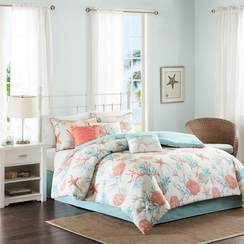 Édredon Coral King - 7 pièces en coton, imprimé étoiles de mer et coquillages, couleur unie, pour lit, avec coraux, étoiles de mer et couleurs taupe,