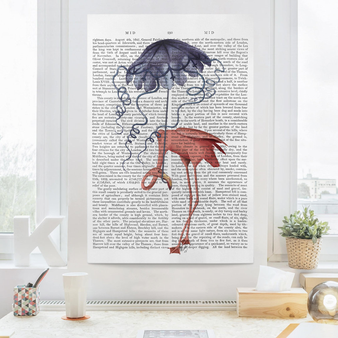 Leinwandbild Tiere und Lesen - Flamingo mit Regenschirm