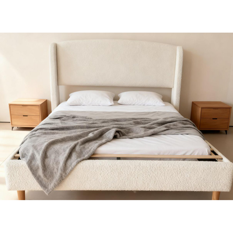  Queen Size French Retro Wingback Bed Frame, Teddy Fabric Upholstered, Sturdy Slat Support, No Box Spring Needed, Easy Assembly, Beige