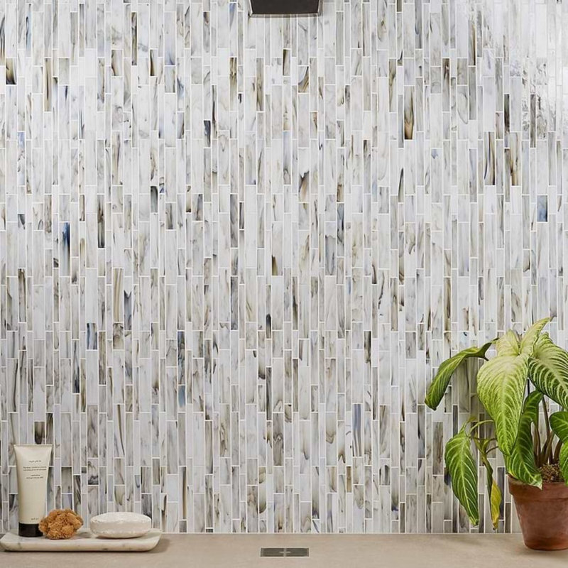 Matchstix 11x11 Brick Polished Glass Mosaic Tile, Aura White