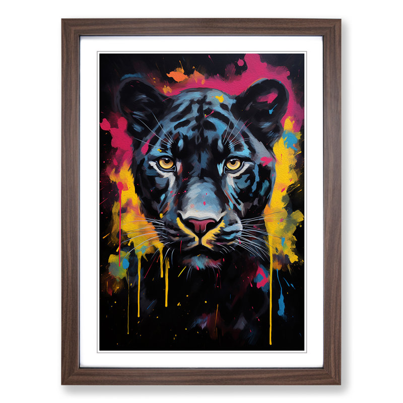 Panther Gestural - Single Picture Frame Print on Wood, 64cm H x 46cm W x 2cm D, Walnut