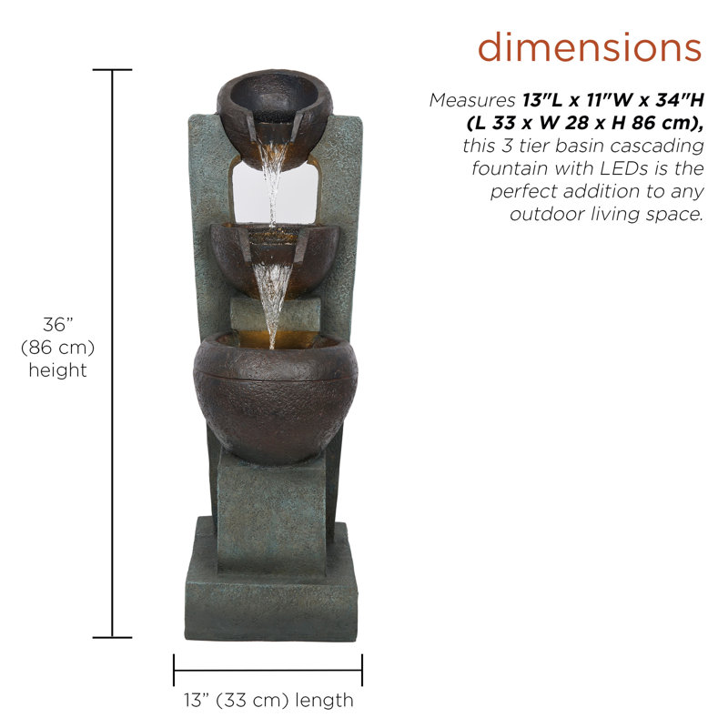 3-Tier Basin Cascading Fountain with LED Lights