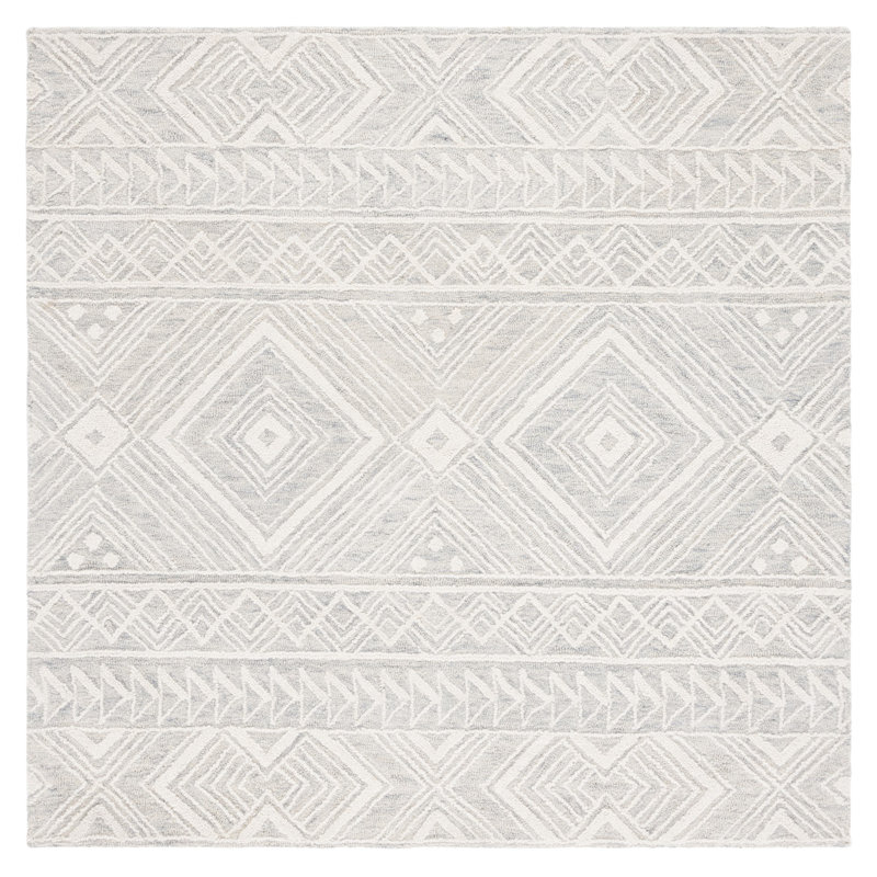 Kyndall Southwestern Handmade Tufted Wool Light Gray/Ivory Area Rug, Square 6'