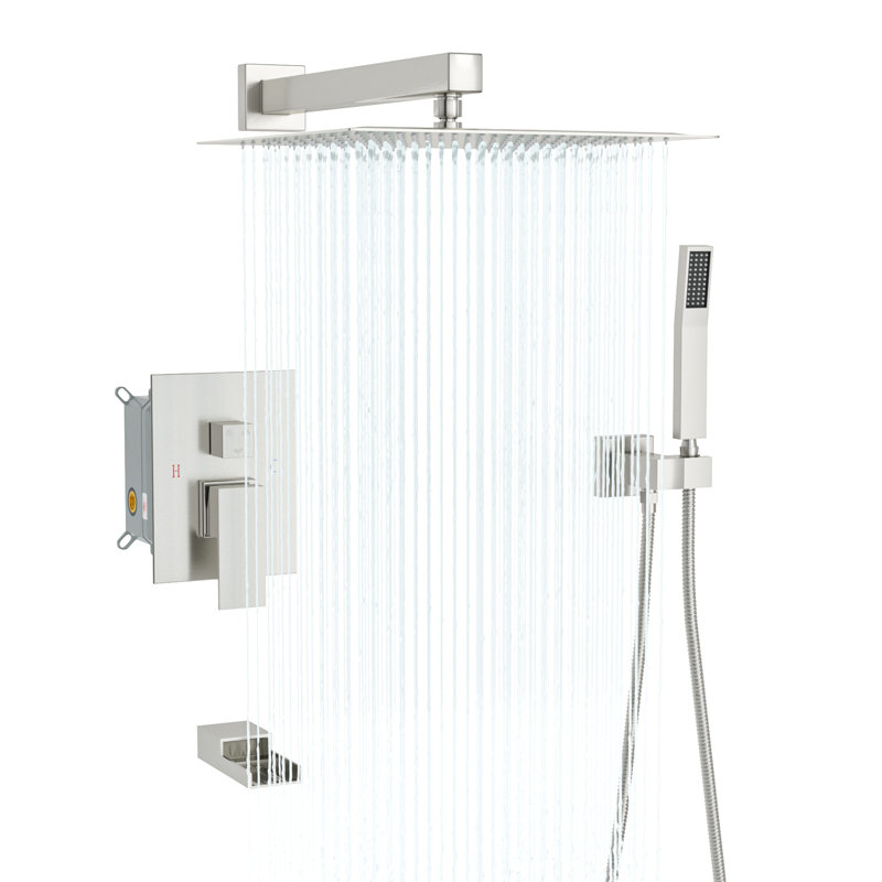 Pomme de douche à pluie murale 10 po, robinet de douche à main et système avec valve brute, Nickel brossé