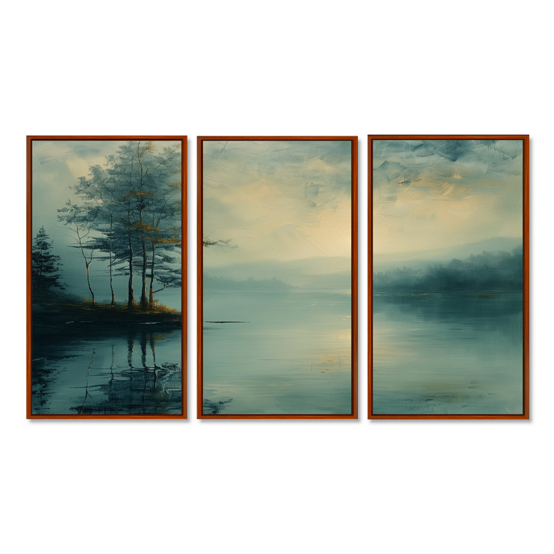 Brouillard d'hiver, paysage de lac romantique, ensemble de salon Wall Art, Toile avec cadre flottant brun