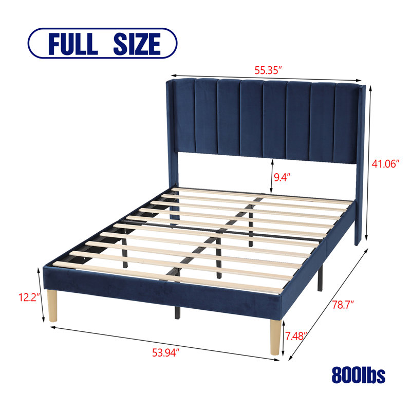 Upholstered Wingback Platform Bed, Blue, Full
