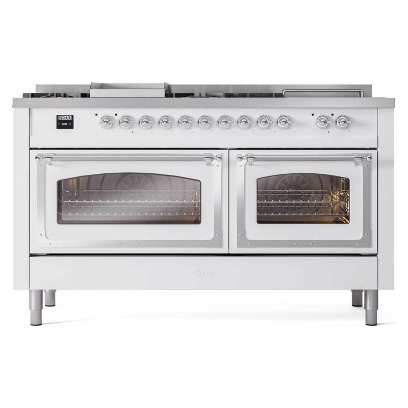 ILVE Nostalgie II Noblesse 60 in Dual Fuel Range 7 Burner, Griddle, Frenchtop, White/Chrome, Natural Gas