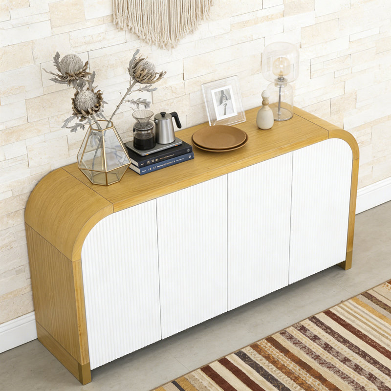 4-door Curved Corner Design Wavy Door Panel Cabinet with Adjustable Shelves, Blanc