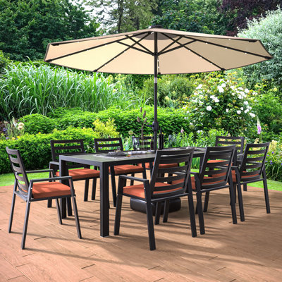 Letendre 9-Piece Outdoor Dining Set Rectangular Dining Table with Slats and 8 Arm Chairs in Aluminum