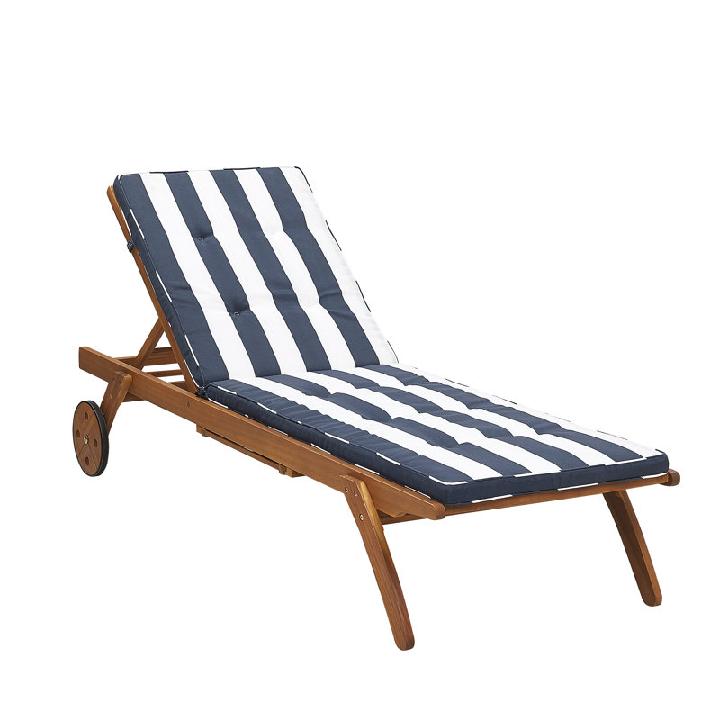 Mujdat 195 cm Long Reclining Acacia Single Chaise with Cushions and with Table, Navy Blue/White