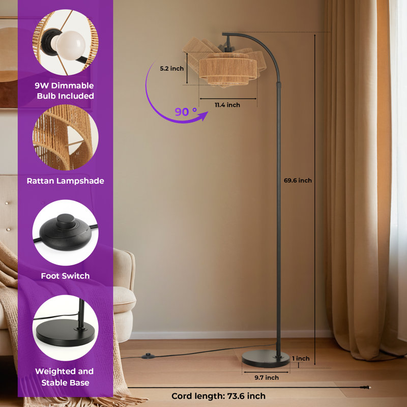 Aarzo 69.6'' Arched/Arc Rattan Floor Lamp With Led Light and Remote Control
