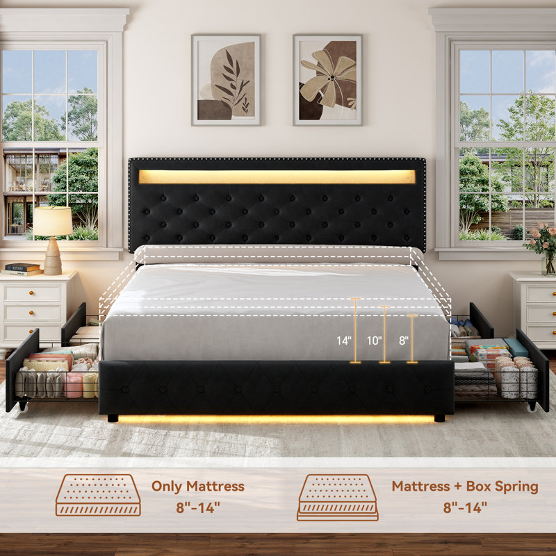 LED Bed Frame with Adjustable Headboard and 4 Drawer, Button Tufted Upholstered Platform Beds, Queen, Velvet Black