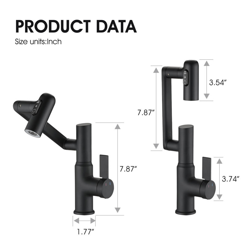Bathroom sink mixer with spray function and temperature display for non-slip switch and hot/cold and 360° swivel, Matte Black
