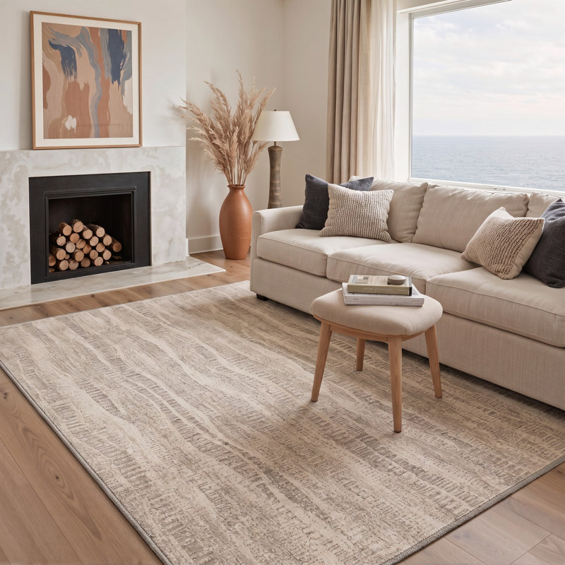 Tapis beige / gris rayé lavable à la machine avec envers antidérapant, Rectangle 6 pi x 9 pi
