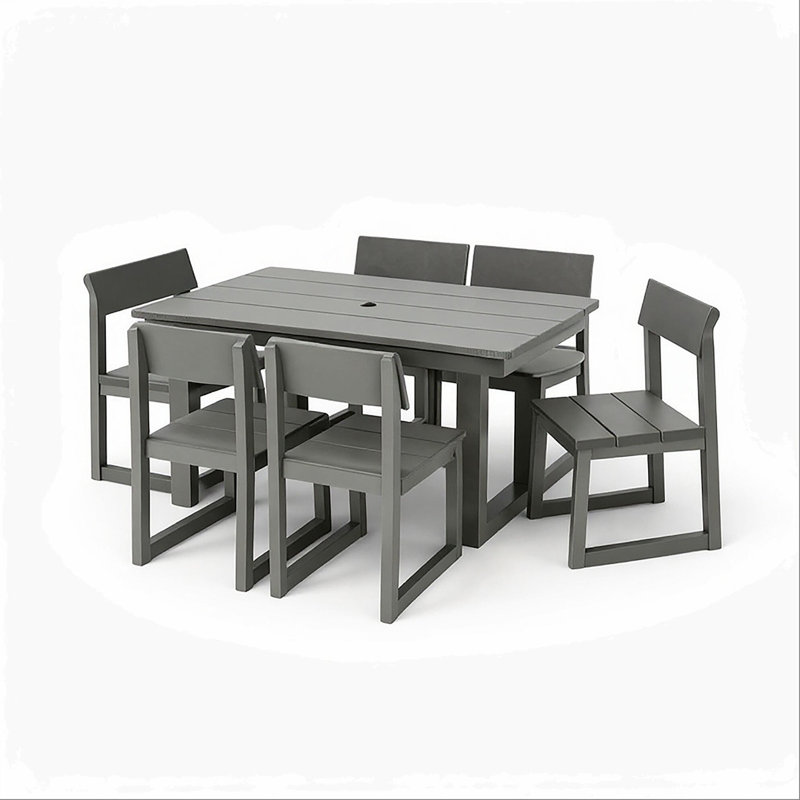 7-Piece HDPE Outdoor Dining Set for 6 – Weather-Resistant Patio Table with Umbrella Hole and 6 Armless Chairs, Durable Garden Furniture for Backyard, Lawn(Gray)