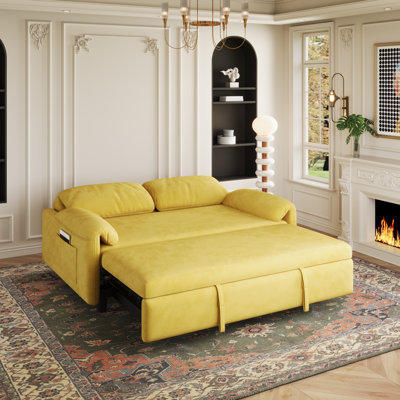 Dual-purpose Yellow Velvet Sofa Bed - Retractable Queen Bed, Armrest Storage, Multi-color​