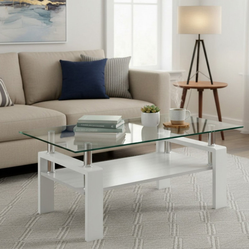 Table basse rectangulaire, table d'appoint moderne en verre trempé pour le salon, Transparent + blanc