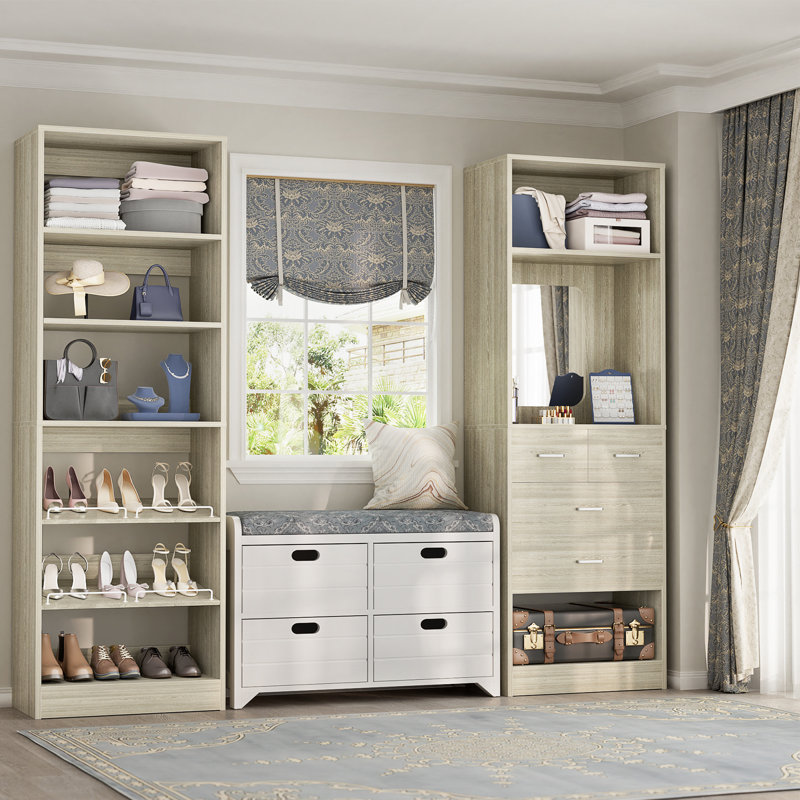 Closet System with Drawers, Mirrors and Shoe Racks, Washed Oak