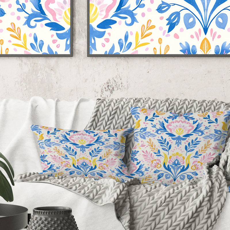 Motif de fleur de bohème rose doux et bleu - motif de paradis IV, H 18 po x l 18 po, Carrée