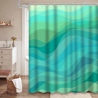 Waterproof Abstract Gradient Ocean Wave Shower Curtain with 12 Hooks
