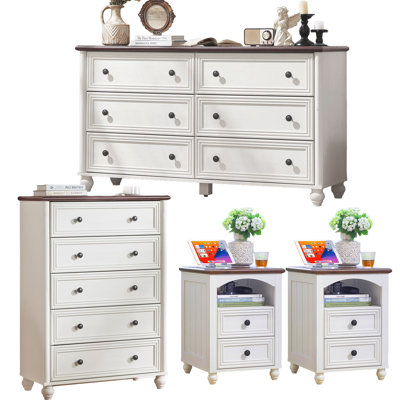 Farmhouse 4-Piece Bedroom Furniture Set with 6 Drawer Dresser, 5 Drawer Dresser and 2 Nightstands, Wood Storage Set with Charging Stations and Roman Column Design