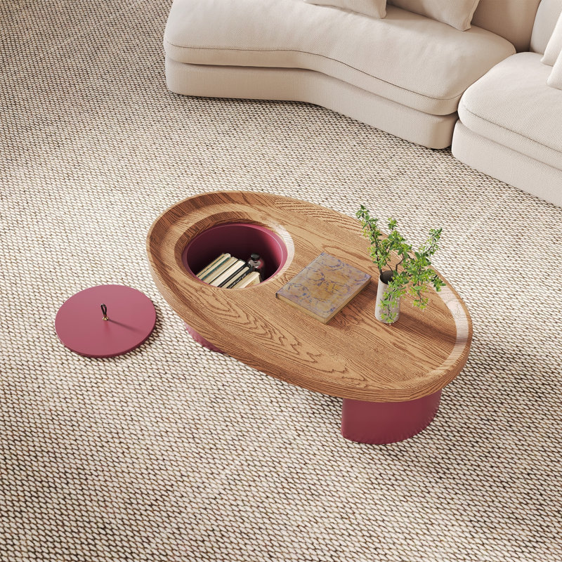 Oval Coffee Table with Red Leg Storage and Walnut Top