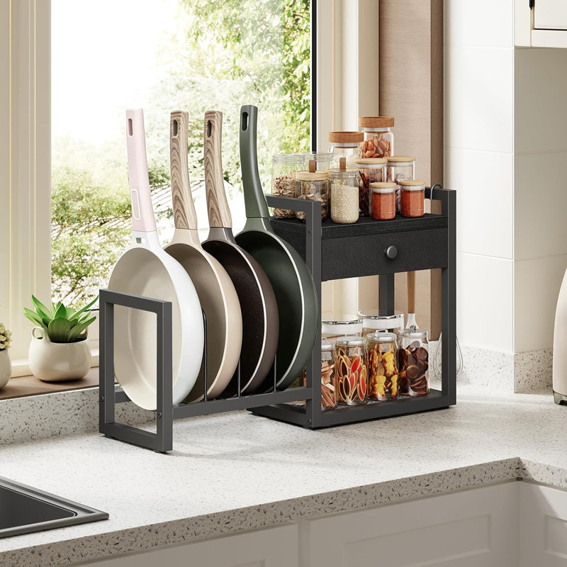 Étagère de comptoir, support pour casseroles et poêles, support pour couvercle de casserole avec 1 tiroir, support pour couvercle de casserole avec 2 crochets, pour la cuisine, la salle à manger