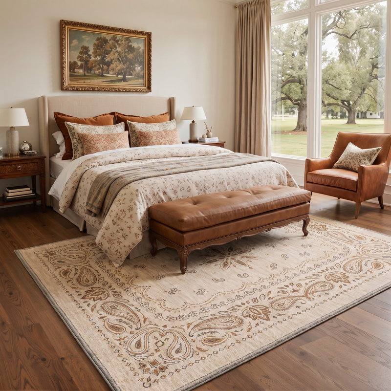 Tapis cachemire ivoire / beige lavable à la machine avec envers antidérapant, Rectangle 9 pi x 12 pi