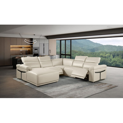 Canapé modulaire 5 pièces en cuir italien fleur de mouton beige avec 2 fauteuils inclinables électriques et appuis-tête réglables faisant face à la gauche