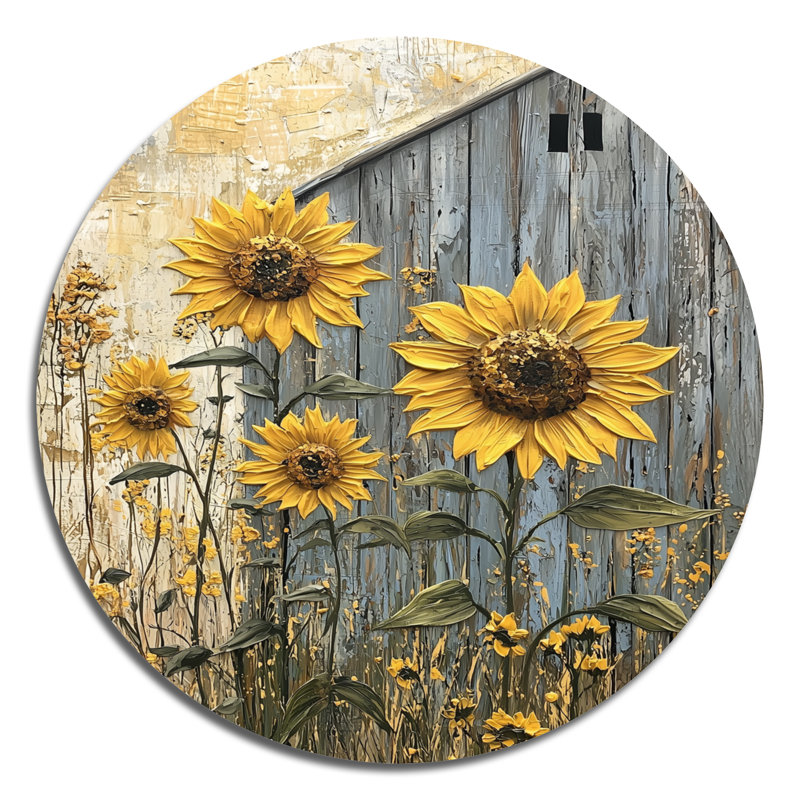 Art mural rond en tournesols rétro par The Grain Barn II, H 23 po x l 23 po