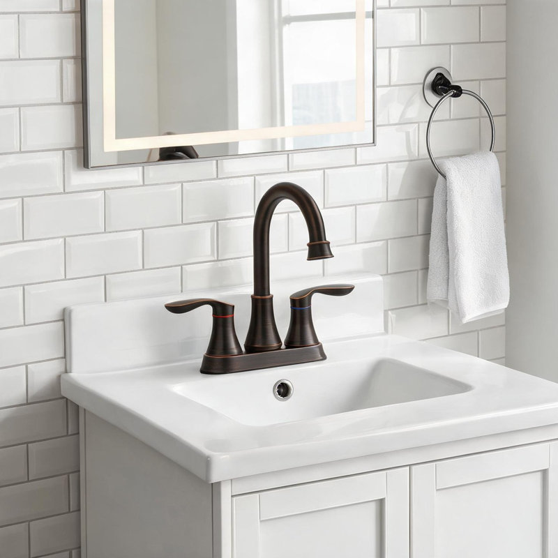 Meuble-lavabo en bronze huilé 36,5 x 25,5 x 6,5 po avec bec pivotant, bonde escamotable et deux poignées