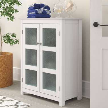 Bathroom Floor Cabinet Freestanding Storage Cabinet with 4 Glass Doors - White