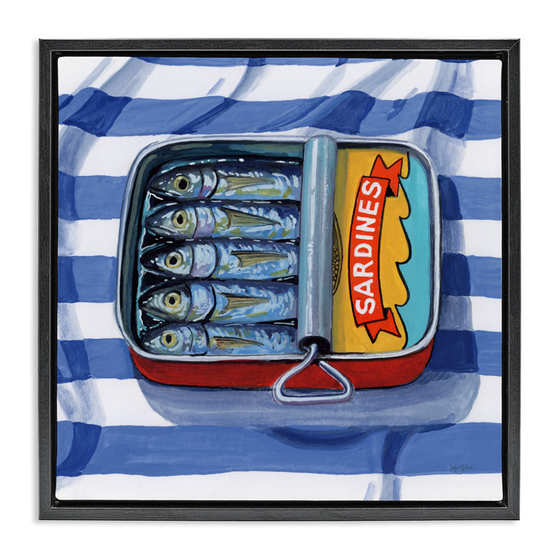 Sardines sur cadre flottant rayé en tissu, design par Kate Jarvik Birch, H 18 po x l 18 po, Cadre flottant noir de jais