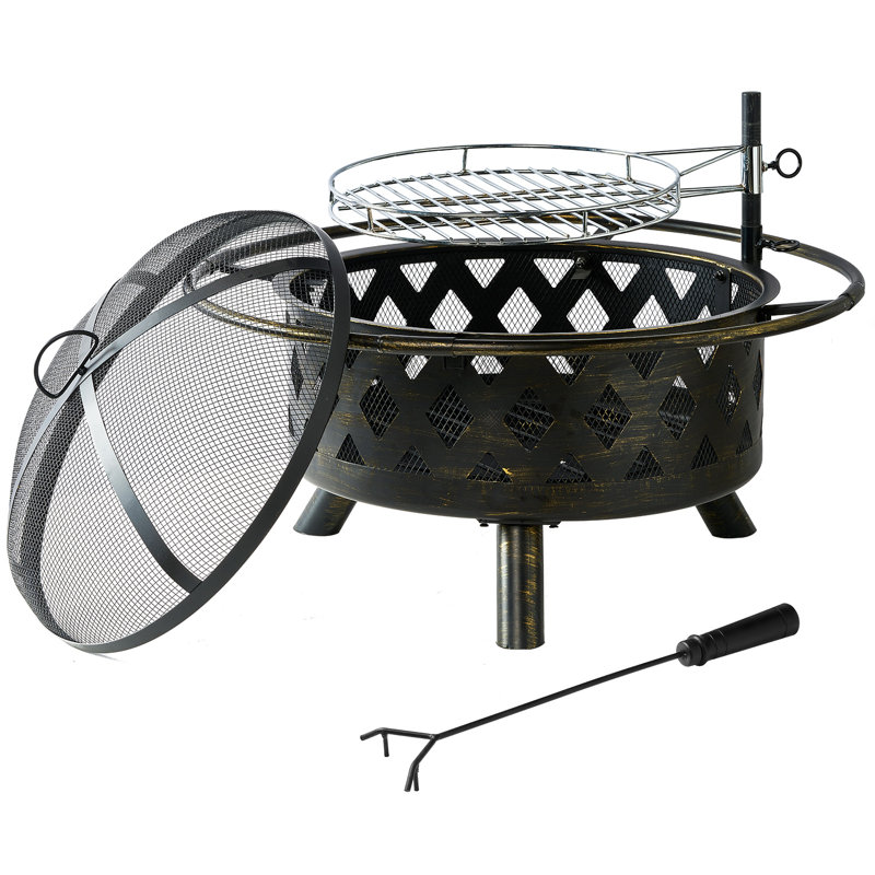 Chartian 19.4'' H x 30.3'' W Iron Wood Burning Outdoor Fire Pit with Lid
