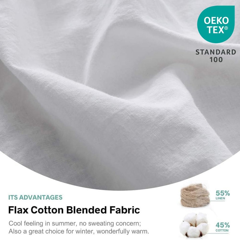 Belgian Linen Sheet Set Solid Color Natural Flax Cotton Blend Soft Breathable Farmhouse Bedding, White