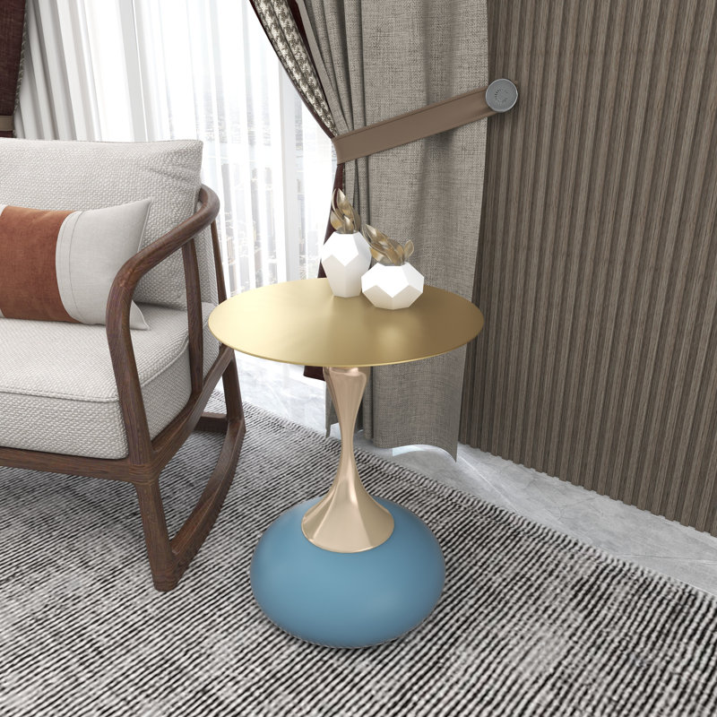 Kalup Gold Round Stainless Steel Side Table with Brushed Finish and Artistic Pedestal Base, Modern End Table for Living Room or Bedroom, No Assembly Required