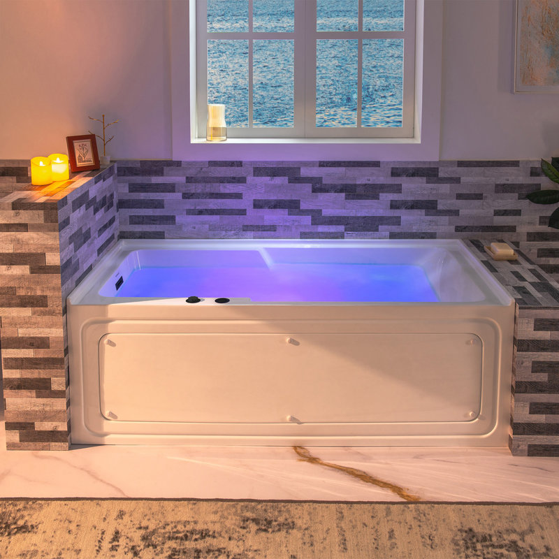 60" x 30" Whirlpool Heated Rectangular Alcove Acrylic Bathtub with Chrome/Matte Black Drain and Overflow, Left, Matte Black