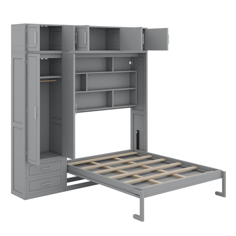 Grand lit escamotable mural avec armoire supérieure, tablettes et garde-robe, Gris