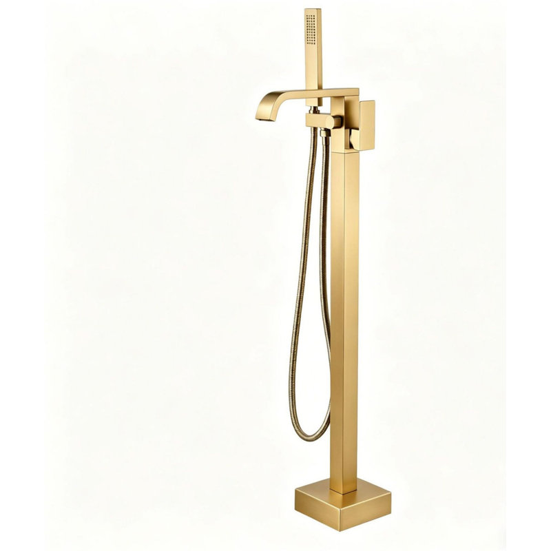 Robinet de baignoire autoportant à fixation au sol avec douche à main, Or brossé