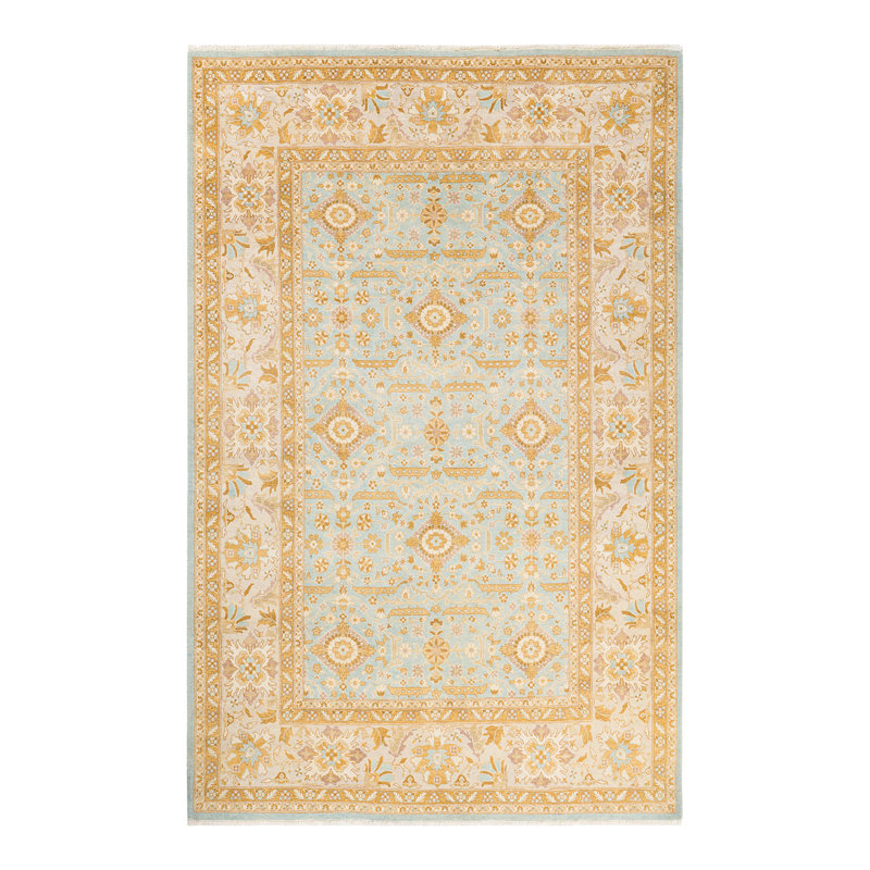 Tapis unique bleu clair / ivoire noué à la main Shariden 5 pi 10 po x 9 pi 3 po Shariden