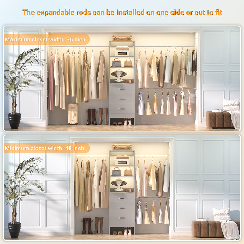 21"-96" Closet System With 3 Drawers And 3 Rods(Can Be Cut To Fit), Gray