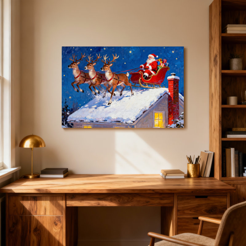 Noël, père Noël, traîneau, renne, toit enneigé, ciel nocturne, H 28 po x l 40 po