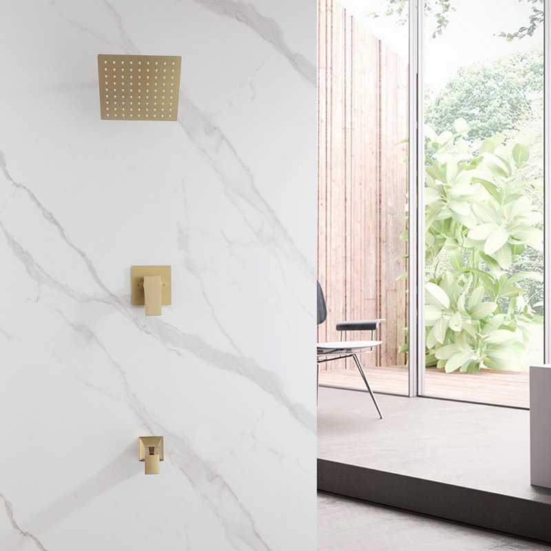 Modern 7.87" Pressure Balance Wall Mounted Shower System with Tub Spout, Solid Brass Rain Shower Faucet Set with Swivel Shower Head