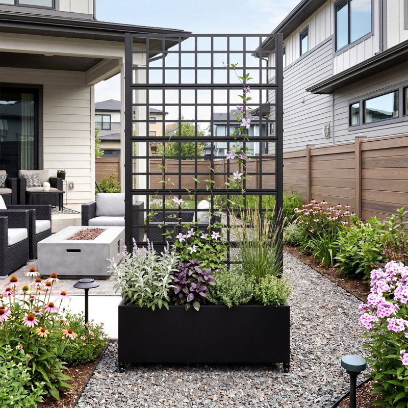 Conall Galvanized Metal Planter Box with Trellis and Wheels, 70.9" H x 35.4" W x 15.7" D, Black